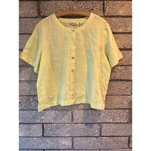 Orvis Womens Yellow Linen Button-Front Short-Sleeve Top L (14/16) Relaxed Fit